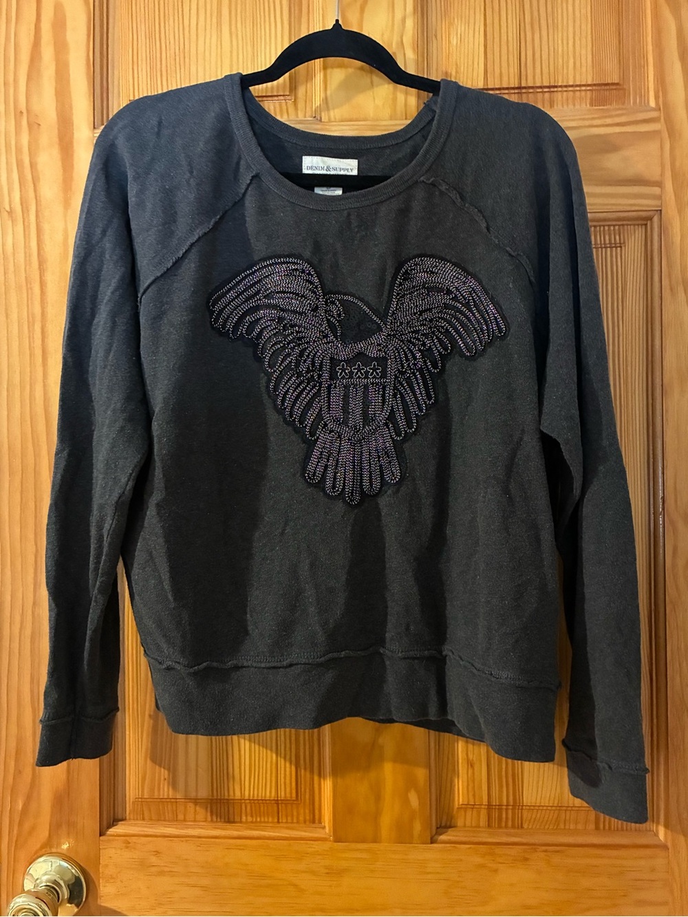 Denim & Supply Ralph Lauren Black Crewneck Sweatshirt with Beaded Eagle
